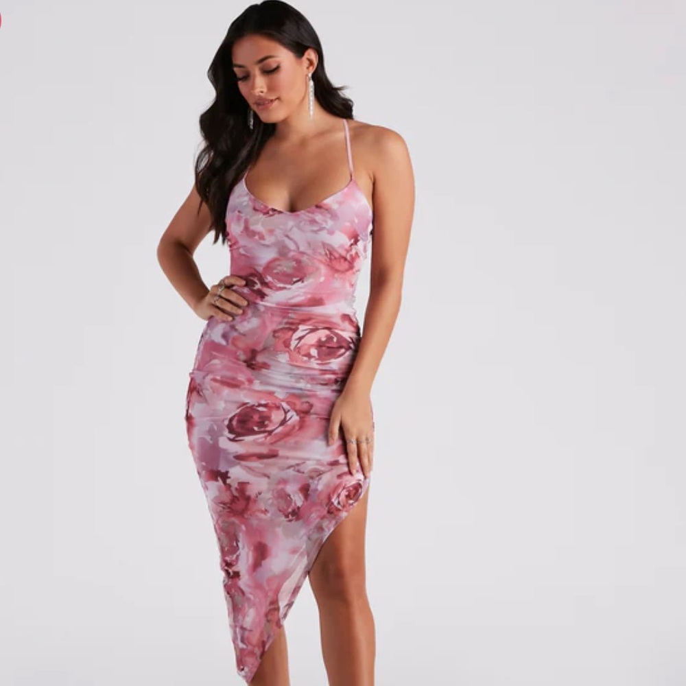 Dreamy Floral Ruched Mesh Midi Dress Windsor